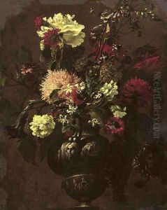Tulips, carnations and other flowers in a sculpted vase by dei Fiori (Nuzzi) Mario
