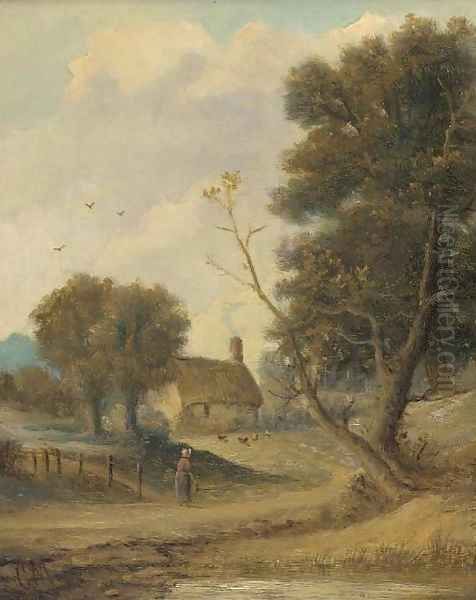 A figure before a cottage in a wooded landscape - view 1