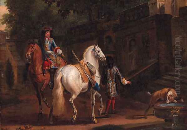 Elegant horsemen by a fountain - view 1