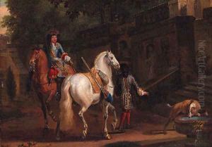 Elegant horsemen by a fountain by Adam Frans van der Meulen