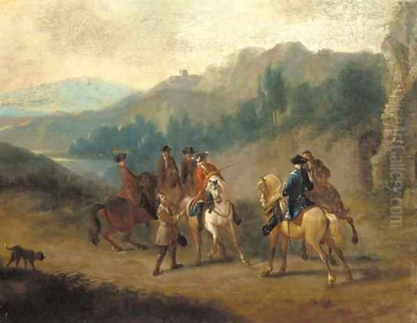 Figures on horseback, a moutainous landscape beyond - view 1