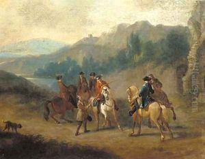 Figures on horseback, a moutainous landscape beyond Figures on horseback, a moutainous landscape beyond