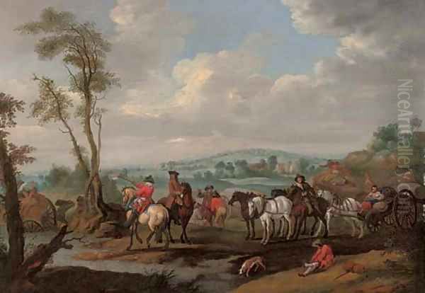 A landscape with a caravan moving across a river - view 1