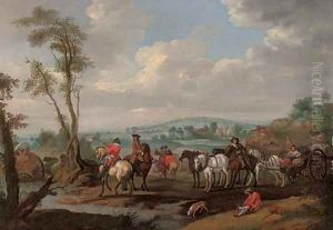 A landscape with a caravan moving across a river