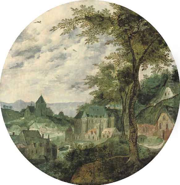 A river landscape with a town, a palace and a church - view 1