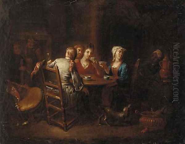 Company drinking tea and wine in an inn - view 1