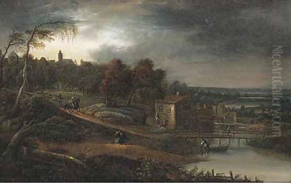A river landscape with travellers near a town - view 1