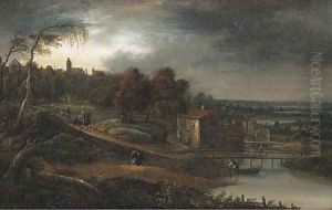 A river landscape with travellers near a town by Jan Baptist van der Meiren