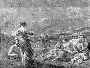 An extensive landscape with a sheperdess gesturing to a satyr and two nymphs by Jan Miel
