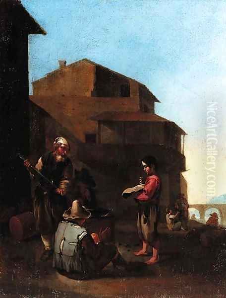 An Italianate town with peasants cooking at a fire - view 1