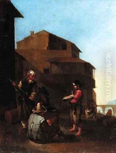 An Italianate town with peasants cooking at a fire by Jan Miel