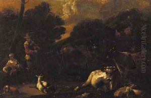 Figures tending livestock, a mountain beyond by Jan Miel