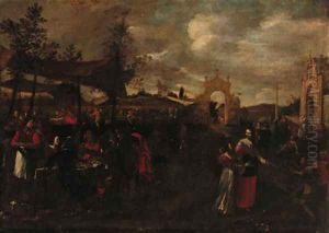 Gentlefolk feasting in a courtyard by Jan Miel
