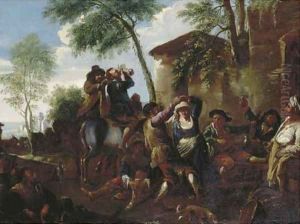 Peasants dancing the Saltarello by a farmhouse by Jan Miel