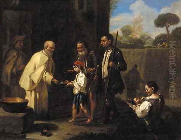 Peasants receiving alms from a monk - view 1
