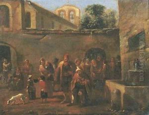 The courtyard of a monastery with monks feeding the poor by a fountain