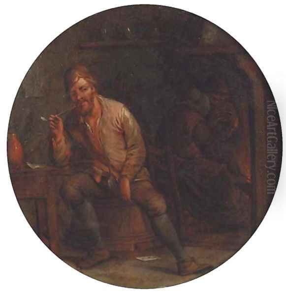 A boor smoking a pipe in an interior, a peasant by a fireplace beyond - view 1