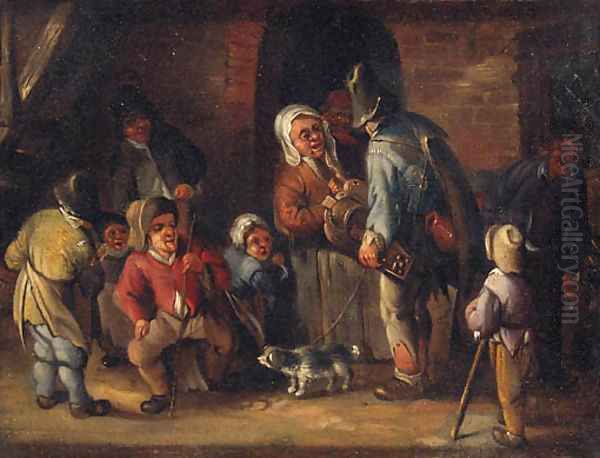 A hurdy-gurdy player conversing with peasants outside a cottage - view 1