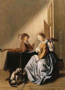 A young Woman playing a Lute with a Youth singing in an Interior by Jan Miense Molenaer