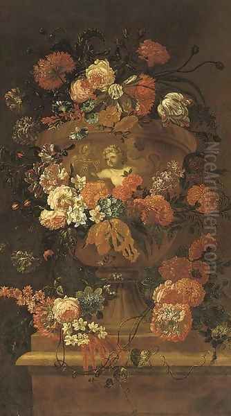 Roses, carnations, tulips, morning glory, narcissi and other flowers in a sculpted urn on a stone ledge - view 1