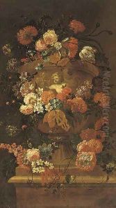 Roses, carnations, tulips, morning glory, narcissi and other flowers in a sculpted urn on a stone ledge by Jean-Baptiste Morel