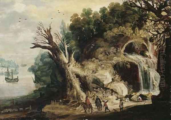A mountainous river landscape with travellers on a track by a waterfall - view 1