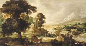 A river landscape with a horse and cart and other figures before a town by Josse de Momper