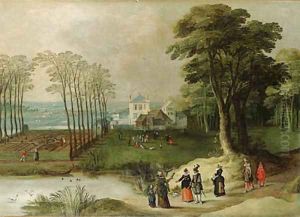 A wooded landscape with elegant company by a pond