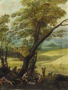 Summer An extensive landscape with harvesters resting beneath a tree by Josse de Momper