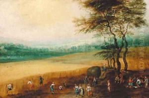 A summer landscape with peasants harvesting by Josse de Momper