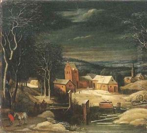 A winter river landscape with travellers on a track, a village beyond by Josse de Momper