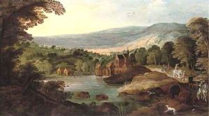 A wooded landscape with travellers on a road, a lake and a town nearby by Josse de Momper