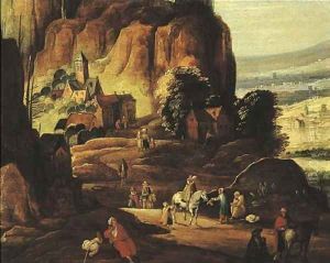 Travellers and beggars on a mountain path