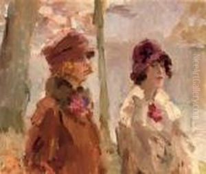 Meisjes In Het Haagsche Bosch: Elegant Ladies Strolling In The Park by Isaac Lazarus Israels