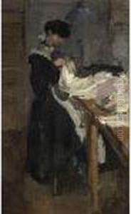 A Sewing Girl At Studio Paquin, Paris by Isaac Lazarus Israels