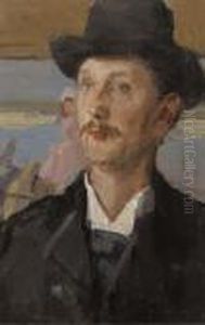 A Friend Of The Artist In His Studio, Standing In Front Of A Painting Of A Donkeyride