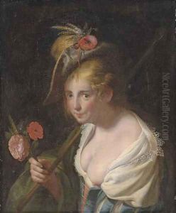 A shepherdess, with a bouquet of wheat, poppy and a rose by Paulus Moreelse