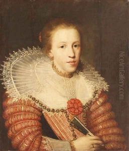 Portrait of a Lady, half length, wearing a red dress, a lace ruff and holding a fan