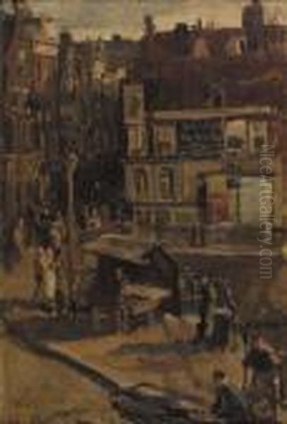 A Streetscene In Amsterdam With Townsfolk By A Bookstall - view 1
