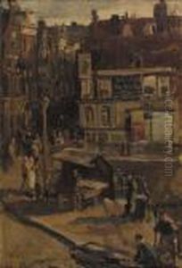A Streetscene In Amsterdam With Townsfolk By A Bookstall A Streetscene In Amsterdam With Townsfolk By A Bookstall