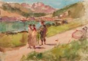Going For A Walk By A Mountain Lake Near Bern, Switzerland by Isaac Lazarus Israels