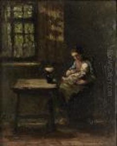 An Interior With A Mother Feeding A Child by Jozef Israels