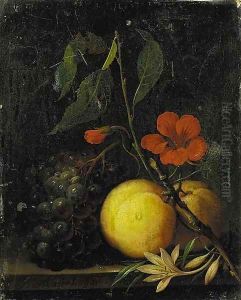 Grapes, peaches and a nasturtium, with a moth on a ledge