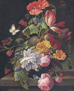 Roses, parrot tulips, poppies and other flowers in a vase on a stone ledge by Abraham Mignon