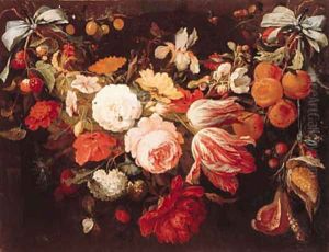 A swag of flowers and fruit with caterpillars