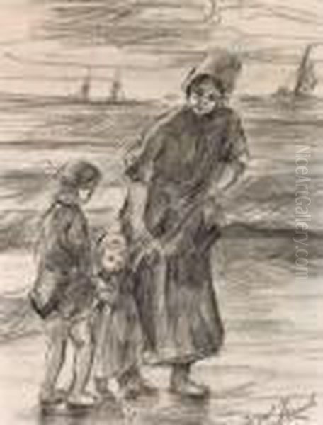 Mutter Mit Ihren Beiden Kindern Am Strand - view 1