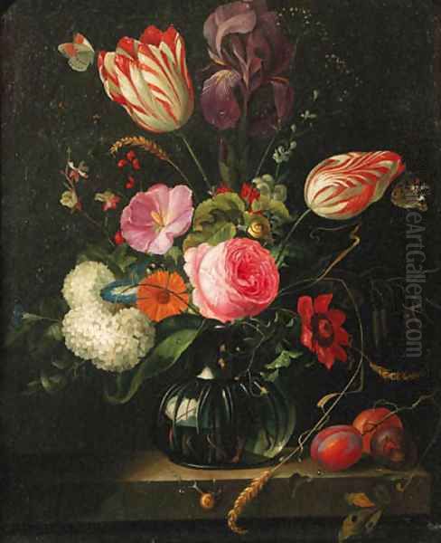 Tulips, roses, ears of corn, snowballs and other flowers in a glass vase with a branch of plums on a stone ledge, butterflies and snails - view 1
