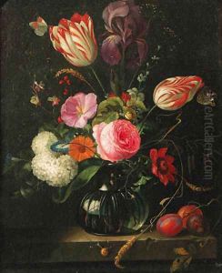 Tulips, roses, ears of corn, snowballs and other flowers in a glass vase with a branch of plums on a stone ledge, butterflies and snails by Abraham Mignon