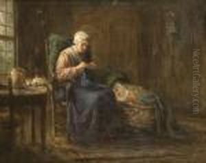 Mother Knitting With Baby At Her Side by Jozef Israels