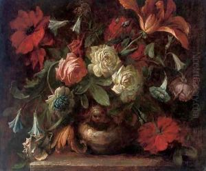 Roses, carnations, morning glory and a tulip in a vase on a ledge by Antonio Mezzadri